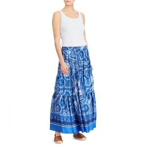 Lauren Ralph Lauren Blue Paisley Twill Tiered Maxi Skirt